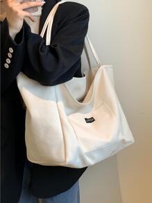 Women's Solid Colour Fashion Canvas Shopping Bag Shoulder Tote Bag Student Book Bag Large Capacity