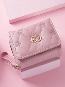 缝线金属装饰时尚短款钱包便携现金白领女性大学工作商务通勤办公室周年纪念生日礼物情人节礼物礼品热粉色女士钱包钱包小钱包 - 粉色 - 查看 1