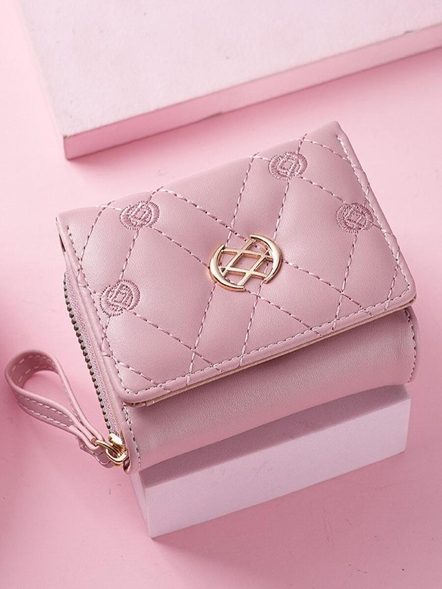 缝线金属装饰时尚短款钱包便携现金白领女性大学工作商务通勤办公室周年纪念生日礼物情人节礼物礼品热粉色女士钱包钱包小钱包 - 粉色 - 查看 1