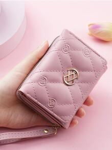缝线金属装饰时尚短款钱包便携现金白领女性大学工作商务通勤办公室周年纪念生日礼物情人节礼物礼品热粉色女士钱包钱包小钱包 - 粉色 - 查看 2