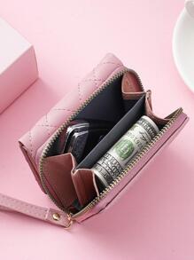 缝线金属装饰时尚短款钱包便携现金白领女性大学工作商务通勤办公室周年纪念生日礼物情人节礼物礼品热粉色女士钱包钱包小钱包 - 粉色 - 查看 5