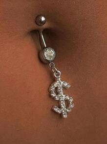 1入組銀美元肚臍圓環不銹鋼朋克風格水鑽吊墜肚臍穿孔首飾類適合女士 - 銀色 - 查看 1