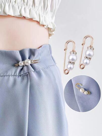 2入組塑腰帶胸針長褲腰固定的別針可調節人造珍珠扣飾胸針