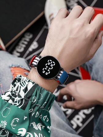 1pc Touch Sensor LED Digital Watch, Canvas Strap With Magnetic Clasp, Round Watch Face