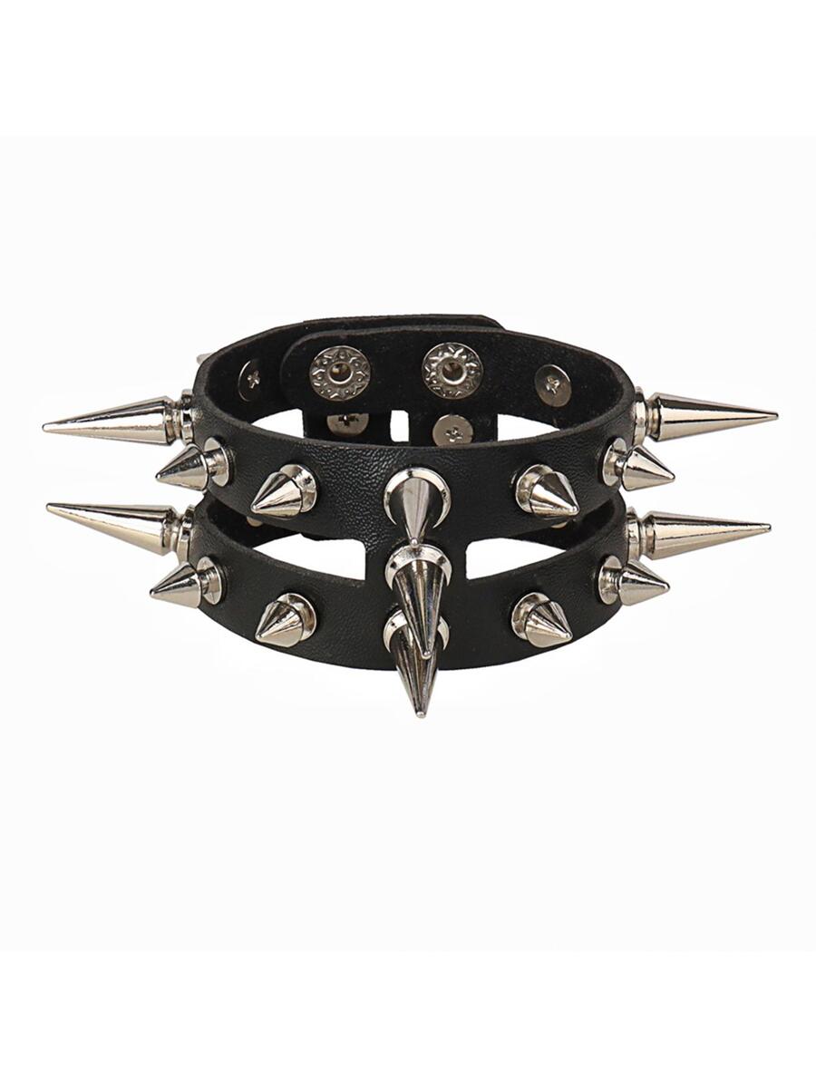 双排新款黑色朋克长钉铆钉手链 PU 皮革腕带 男女款哥特珠宝 哥特配饰 - 黑色 - 查看 1