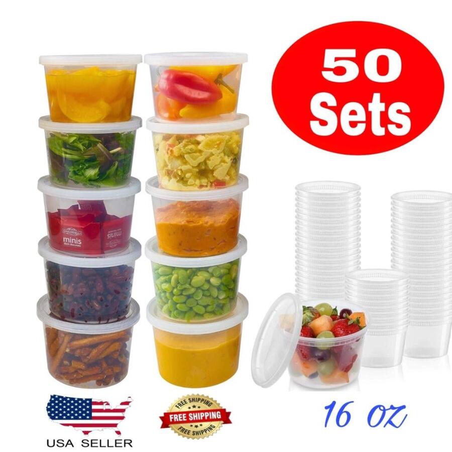16 oz [50 Sets] Deli Plastic Food Prep Storage Containers with Lids BPA FREE - Clear - View 1