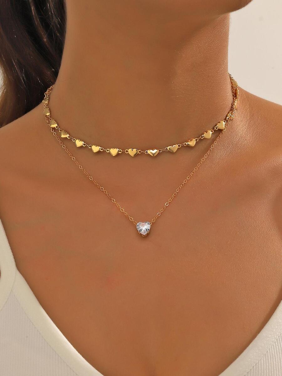Rhinestone Heart Charm Layered Necklace - Yellow Gold - View 1