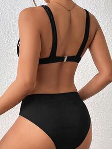 Solid V Neck Bikini Set For Summer Beach Set - Black - View 3