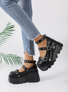 女士心和搭扣裝飾坡跟瑪麗珍鞋,龐克戶外黑色坡跟鞋 - 黑色 - 查看 4