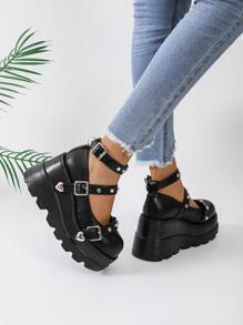 女士心和搭扣裝飾坡跟瑪麗珍鞋,龐克戶外黑色坡跟鞋 - 黑色 - 查看 6