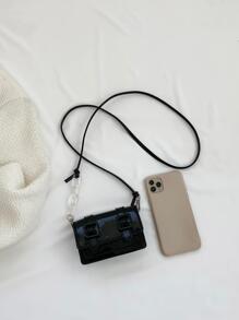 迷你時尚翻蓋單肩包 - 黑色 - 查看 3