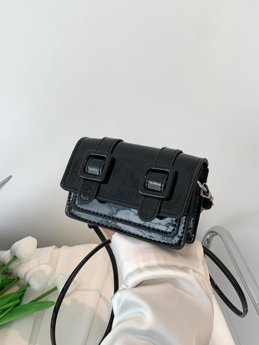 迷你時尚翻蓋單肩包 - 黑色 - 查看 1