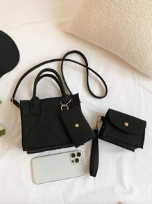 3入組輕量級商務休閒時尚迷你單肩包套裝，可斜跨或手提，經典基礎款式，休閒簡約，多功能，附有包手拿包，適合少女、女性、大學生、初學者及白領族。適用辦公室、學校、工作場所、商務旅行、戶外、旅遊、戶外活動，配有錢包、書包套裝，輕便易攜帶，大容量，商務休閒款式，適用於少女、女性、大學生及白領族，適用於辦公室、學校、中學、高中、工作場所、商務旅行、體育場、購物、度假等場合 - 黑色 - 查看 2