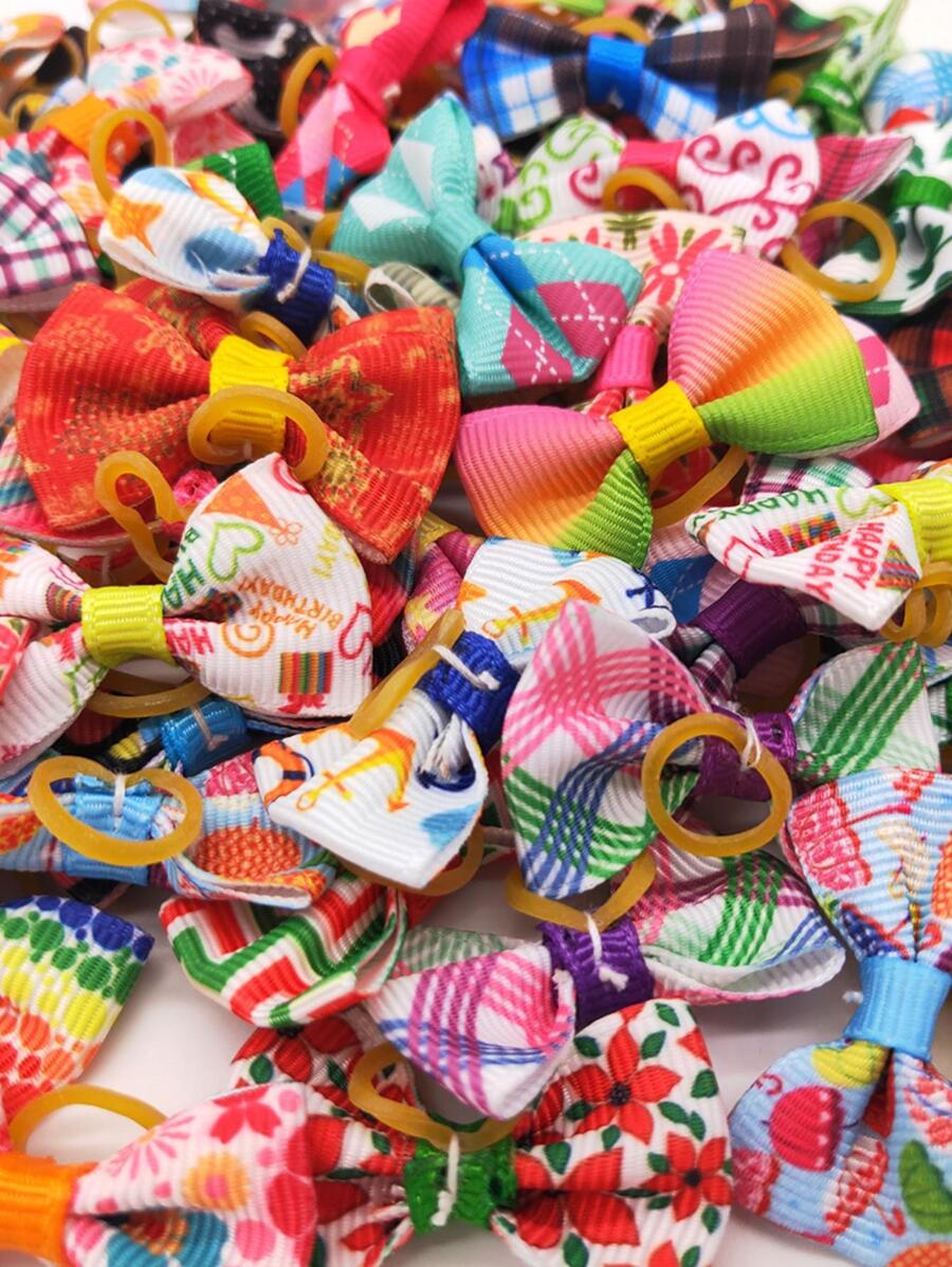 20 cái hỗn hợp màu Pet Head Flower Gingham Ribbon Bow Phụ kiện thú cưng cổ điển Ban nhạc đàn hồi - Nhiều màu - Xem 1