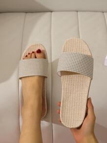 女士格紋圖案單帶家居拖鞋,時尚室內織物臥室拖鞋