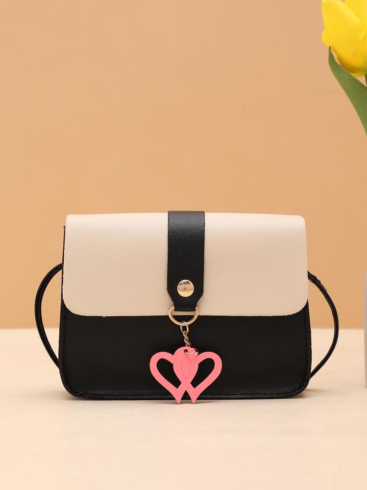Bolso cuadrado con solapa y decoración en forma de corazón bicolor de San Valentín - Negro - Añade 1