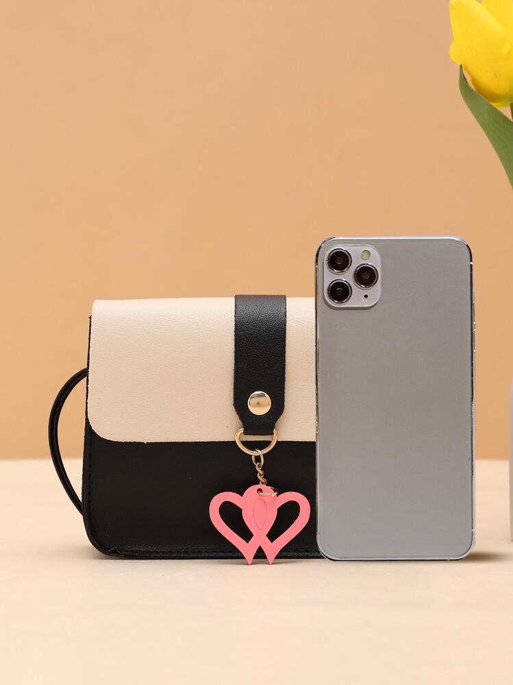 Bolso cuadrado con solapa y decoración en forma de corazón bicolor de San Valentín - Negro - Añade 5