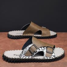 男士輕便字母圖案搭扣裝飾鏤空拖鞋,閒暇夏天單帶拖鞋 - 卡其色 - 查看 1