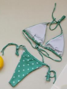 Polka Dot Halter Triangle Bikini Summer - Mint Green - View 5