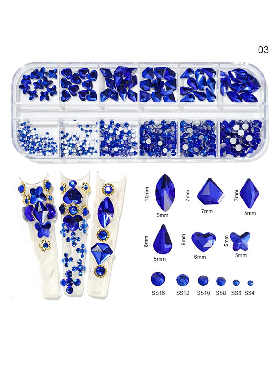 水晶 Ab 指甲水钻 1 盒 12 种形状指甲水钻，美甲水钻珠平底宝石用于美甲设计多形状玻璃水钻 60 颗多形状平底宝石水晶 +1.5-4 毫米圆珠，美甲钻石珠宝宝石 Ss4/Ss6/Ss8/Ss10/Ss12/Ss16 美甲用品指甲指甲饰物 - 寶藍色 - 查看 1
