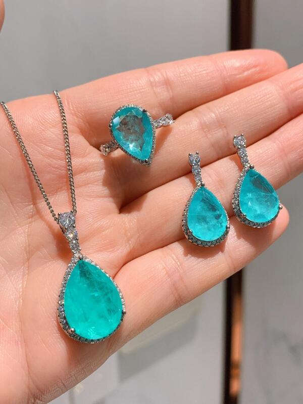 Conjunto de Joias Elegante e Glamoroso de 4 Peças com Zircônia Cúbica Azul Lago para Banquete, Composto por Anel, Brincos, Colar, Acessórios de Joias para Mulher, Festa, Casamento, Noivado, Dia dos Namorados, Dia das Mães, Presente