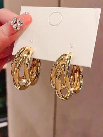 Ins Minimalist Style High-end Feeling Earrings Hoop For Women, Metallic Silver Needle Ear Jewelry, Niche Design