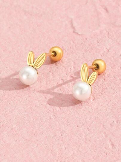 1 Pair Cute Stainless Steel Rabbit & Pearl Stud Earrings, Adorable Decoration For Children's Daily Wear, Girls Party Jewelry