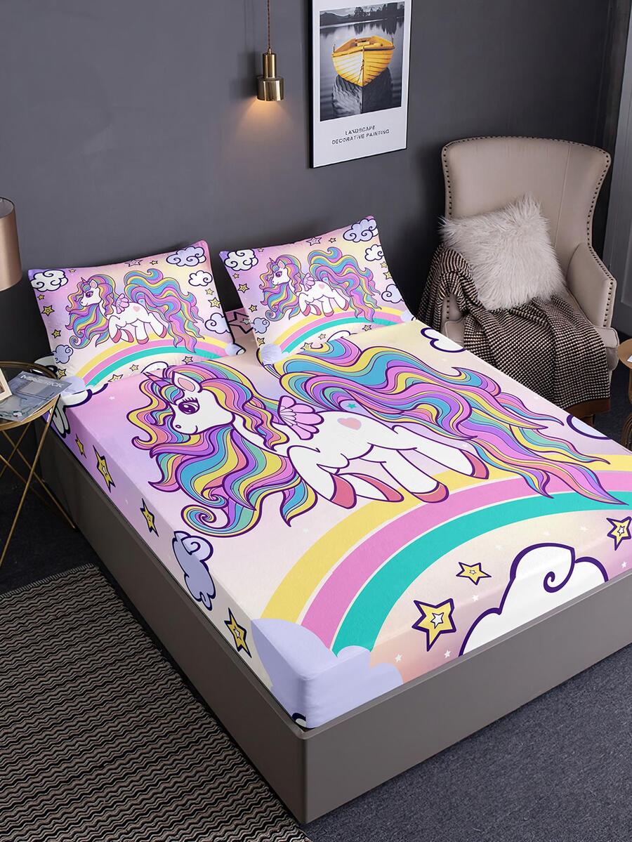 3pcs Rainbow & Unicorn Pattern Fitted Sheet Set for Sale Australia New