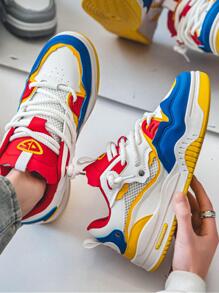 Sporty Sneakers For Men, Colorblock Lace Up Skate Shoes - Yellow - View 4