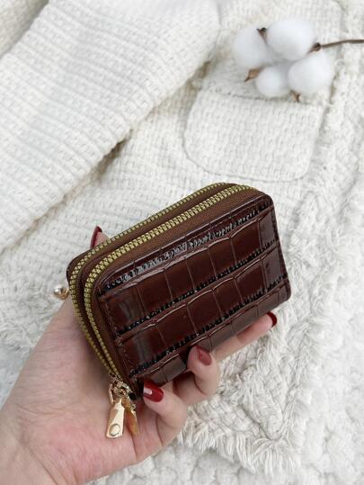 Padrão de crocodilo de camada dupla estilo acordeão para moedas e cartões Cartão de identificação portátil leve para trabalhadores de colarinho branco para mulheres para férias para aniversário para acessórios de presente de aniversário presente para professores porta-cartão carteira porta-cartão de visita porta-cartão de crédito para mulheres para mulheres carteira mini carteira bolsa carteira cartão carteira