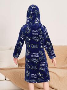 Tween Boy Blue Bathrobe With Yellow & White Game Console Print - Blue - View 2