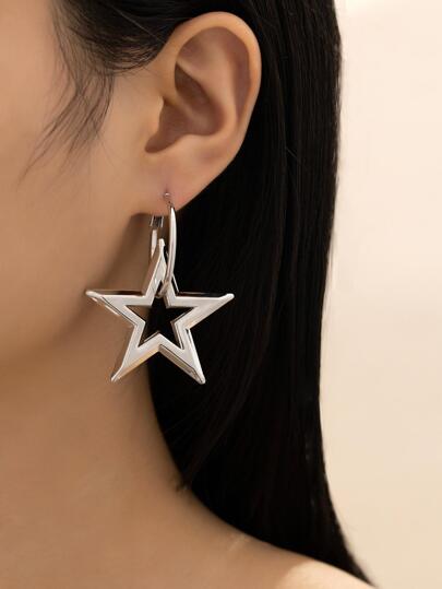 1 par de nuevos aretes de aro dorados de moda para fiesta de regreso a clases con colgante de pentagrama 3D