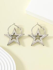 1 Đôi Thời Trang Mới Về Trường Đảng Bông Tai Vàng Đôi Khuyên Tai Vòng Với 3D Pentagram Mặt Dây Chuyền - Bạc - Xem 2