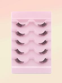5 Pairs Reusable Half-Strip Faux Mink Eyelashes, Transparent Lash Band, Natural & Fluffy, Makeup Tools, Extension Fake Eyelashes - Black - View 5