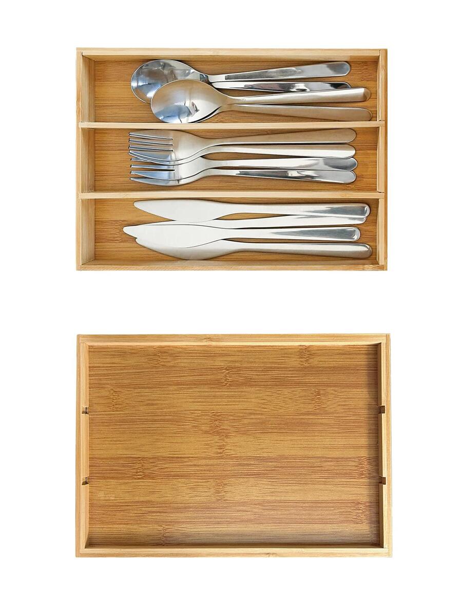 1 pieza tres rejillas de bambú Cuchillería Caja de almacenamiento - Beis - Ver 1