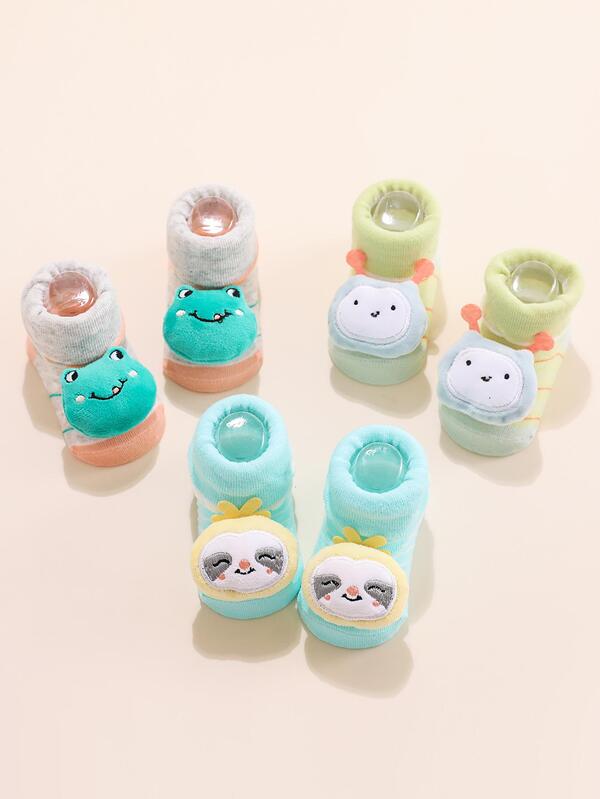 yaerbangni 3pairs Baby Cartoon Sloth & Frog Decor Anti-slip Cute Walking Socks For Daily Life