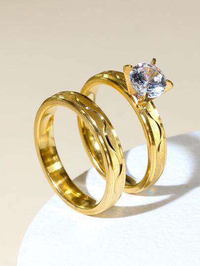 1對鑲鑽不鏽鋼戒指,時尚情侶開放式戒指,夏季風格珠寶飾品,旅行主題裝飾戒指