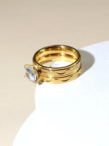 1pair Stainless Steel Ring With Rhinestone, Fashionable Couple Open Ring, Summer Style Jewelry Accessory, Travel Themed Decorative Ring
