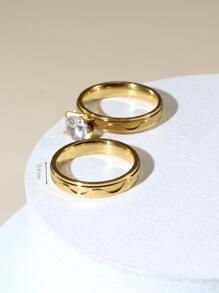 1pair Stainless Steel Ring With Rhinestone, Fashionable Couple Open Ring, Summer Style Jewelry Accessory, Travel Themed Decorative Ring