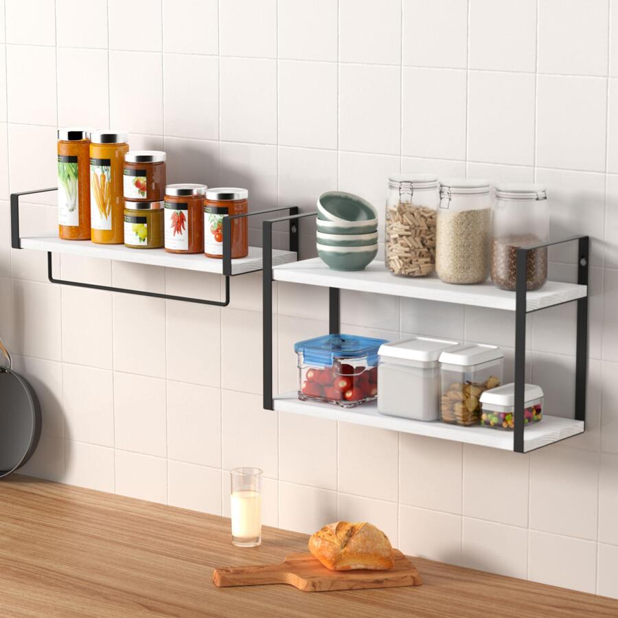 ZGO 2+1 Tier Floating Shelves Wall Mounted Set of 2, Rustic Wood Wall Shelves with Metal Frame