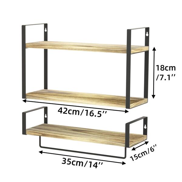 ZGO 2+1 Tier Floating Shelves Wall Mounted Set of 2, Rustic Wood Wall Shelves with Metal Frame
