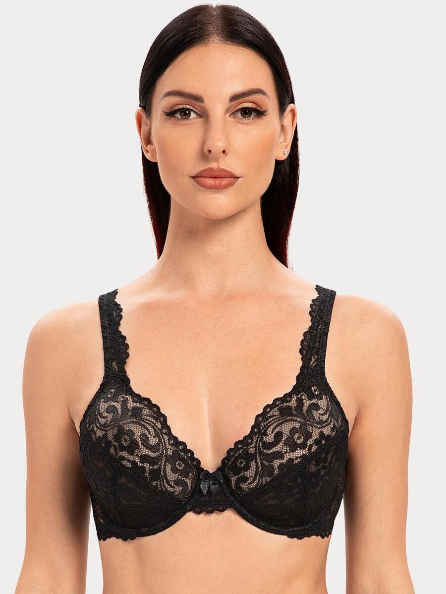 Plus Unlined Floral Lace Underwire Bra, Lingerie - Black - View 1