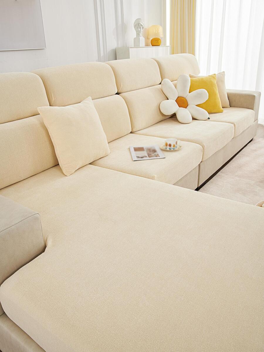Funda de sofá de LICRA elástica de Color sólido para sofá en forma de L con funda de cojín y reposabrazos, Protector de muebles para el hogar, 1 pieza - Beis - Ver 1