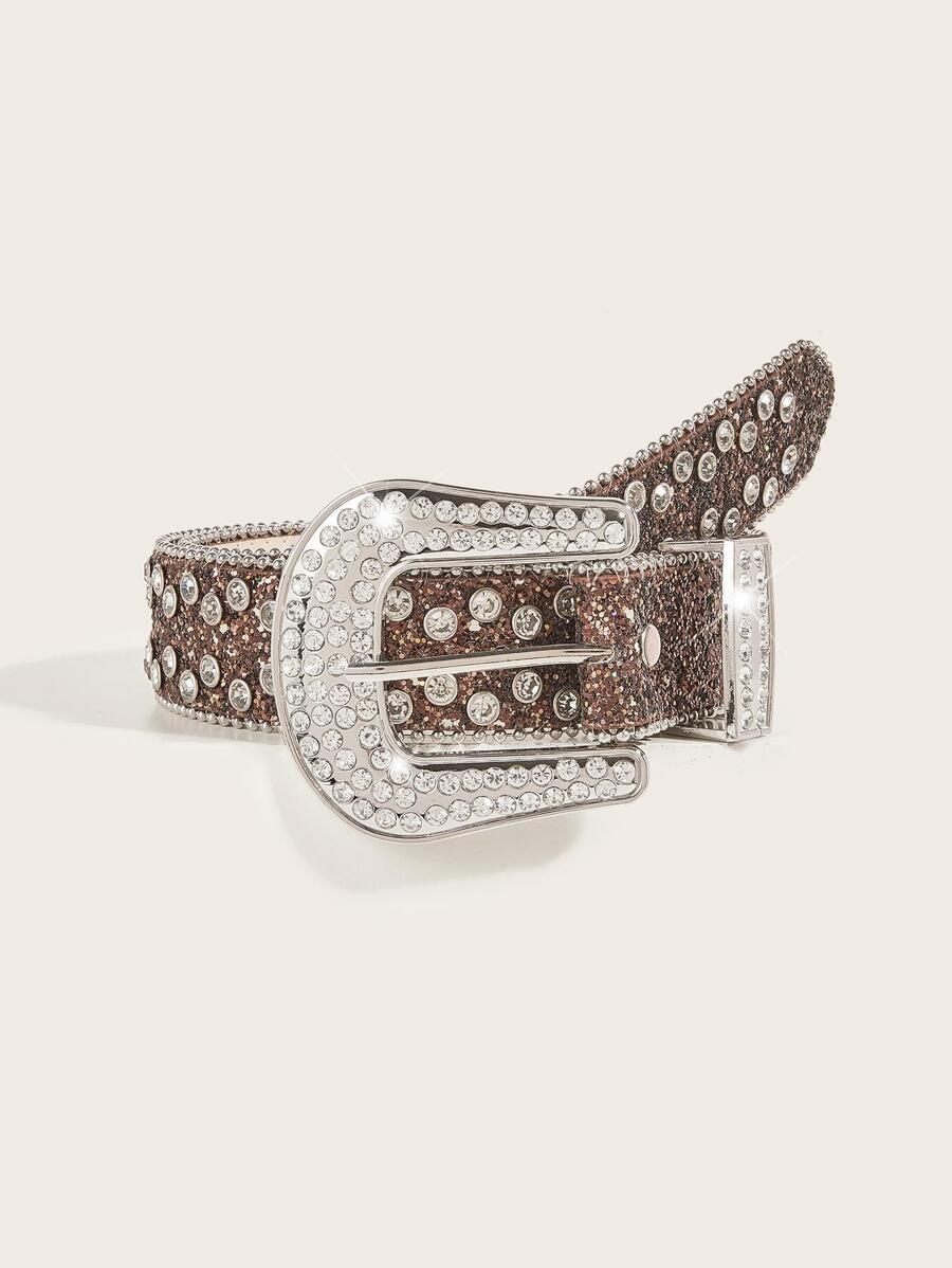 1pc Unisex Diamond Decor Punk Belt For Jeans - Brown - View 1