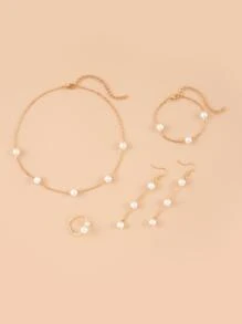 1 Necklace, 1 Bracelet, 1 Ring, 1 Pair Of Earrings Women's Elegant Faux Pearl Jewelry Set, Suitable For Gifts, Daily Wear, And Parties