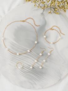 1 Necklace, 1 Bracelet, 1 Ring, 1 Pair Of Earrings Women's Elegant Faux Pearl Jewelry Set, Suitable For Gifts, Daily Wear, And Parties