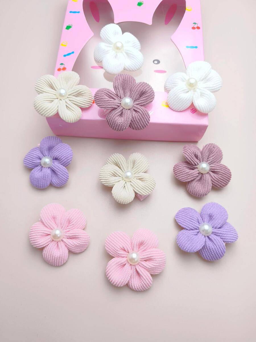 10pcs Girls Hair Clips, Velvet Stripe Solid Color Pearl Flower, Girls Non-Damaging Hair Accessories Barrettes, Suitable For Daily And Holiday Wear, All Seasons - Multicolor - View 1