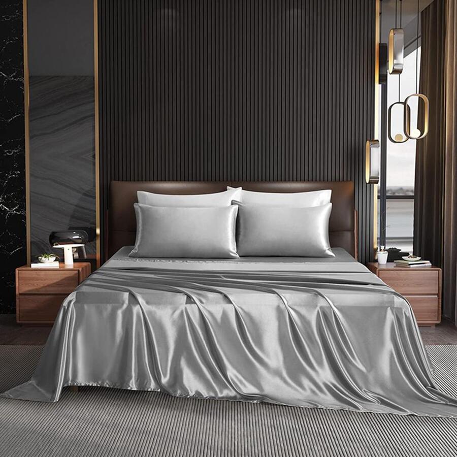 Seasonwood Microfiber Satin Sheets Luxury Silk 4-Piece Bed Sheets - Grey - View 1