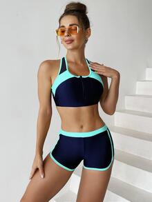 Kleurblok Dames bikini sets Rits - Baby blauw - Bekijken 1