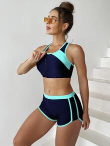 Kleurblok Dames bikini sets Rits - Baby blauw - Bekijken 2